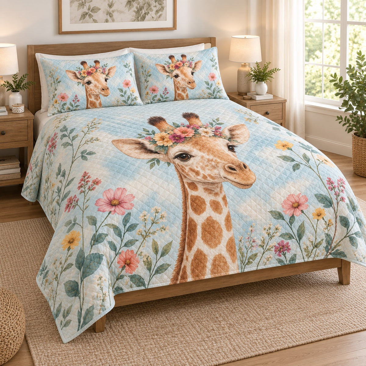 Floral Giraffe Boho Garden Quilt Set on a bed, angled view showing the quilt design and two coordinating pillow shams