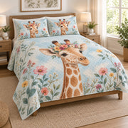 Floral Giraffe Boho Garden Quilt Set on a bed, angled view showing the quilt design and two coordinating pillow shams