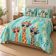 Funny Giraffe Sunglasses Floral Quilt Set on a bed, angled view showing the quilt design and two coordinating pillow shams