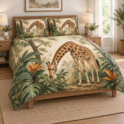 Tropical Giraffe Jungle Safari Quilt Set on a bed, angled view showing the quilt design and two coordinating pillow shams