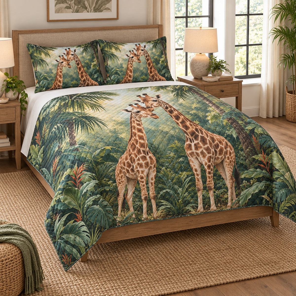 Giraffe Couple Tropical Jungle Quilt Set on a bed, angled view showing the quilt design and two coordinating pillow shams