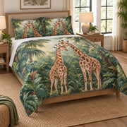 Giraffe Couple Tropical Jungle Quilt Set on a bed, angled view showing the quilt design and two coordinating pillow shams