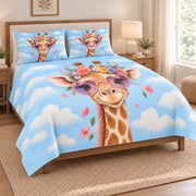 Funny Giraffe Floral Sunglasses Quilt Set on a bed, angled view showing the quilt design and two coordinating pillow shams