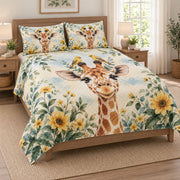 Giraffe Yellow Bird Floral Quilt Set on a bed, angled view showing the quilt design and two coordinating pillow shams