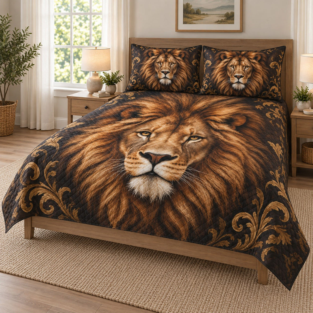 Majestic Lion Gold Ornamental Quilt Set on a bed, angled view showing the quilt design and two coordinating pillow shams