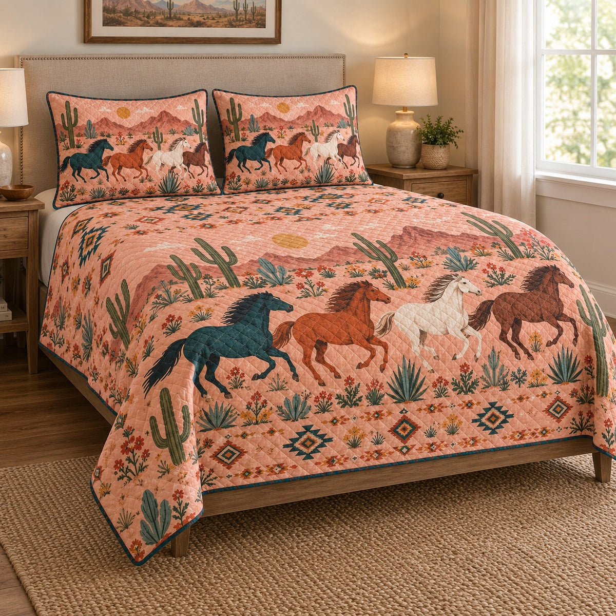 Southwestern Wild Horse Desert Quilt Set: angled bedroom view showing the quilt artwork and coordinating shams