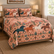 Southwestern Wild Horse Desert Quilt Set: angled bedroom view showing the quilt artwork and coordinating shams