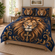Christian Lion Cross Navy Quilt Set on a bed, angled view showing the quilt design and two coordinating pillow shams