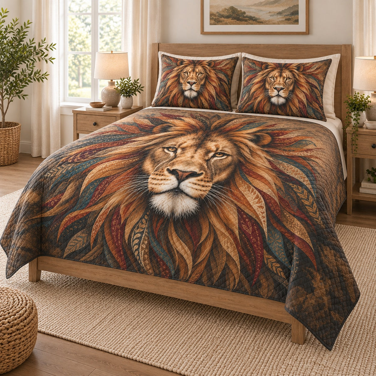 Boho Lion Tribal Feather Quilt Set on a bed, angled view showing the quilt design and two coordinating pillow shams