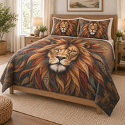 Boho Lion Tribal Feather Quilt Set on a bed, angled view showing the quilt design and two coordinating pillow shams