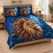 Christian Lion Cross Blue Quilt Set on a bed, angled view showing the quilt design and two coordinating pillow shams