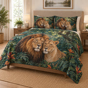 Lion Couple Tropical Jungle Quilt Set on a bed, angled view showing the quilt design and two coordinating pillow shams