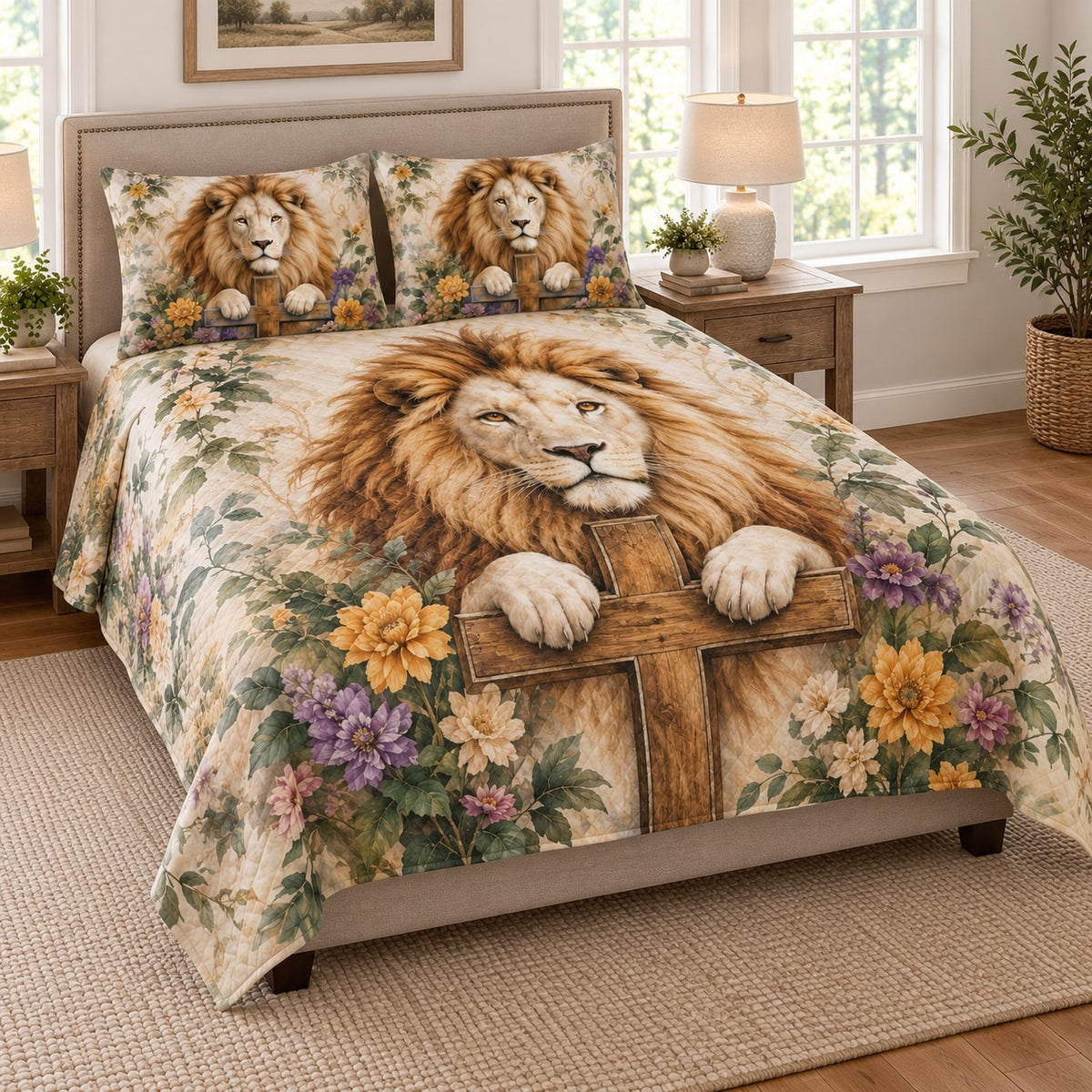 Christian Lion Floral Cross Quilt Set on a bed, angled view showing the quilt design and two coordinating pillow shams