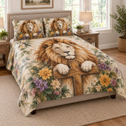 Christian Lion Floral Cross Quilt Set on a bed, angled view showing the quilt design and two coordinating pillow shams