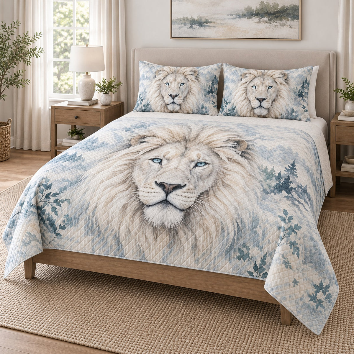 White Lion Blue Eyes Quilt Set on a bed, angled view showing the quilt design and two coordinating pillow shams