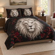 White Lion Red Rose Quilt Set on a bed, angled view showing the quilt design and two coordinating pillow shams