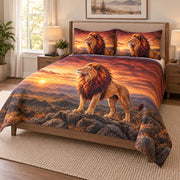Majestic Lion Sunset Safari Quilt Set on a bed, angled view showing the quilt design and two coordinating pillow shams