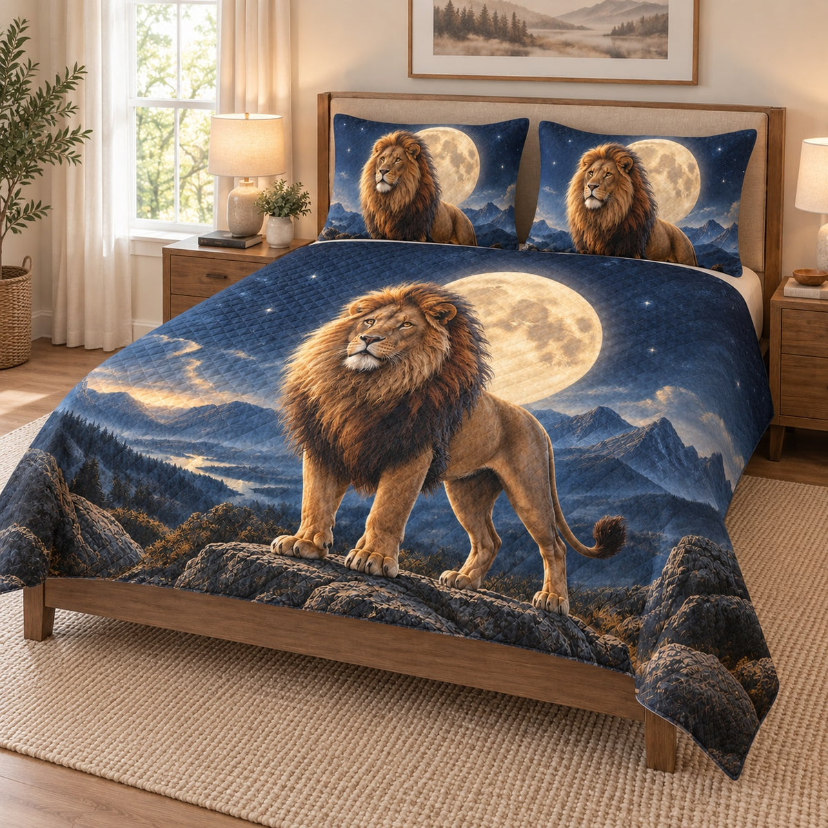Lion Full Moon Mountain Quilt Set on a bed, angled view showing the quilt design and two coordinating pillow shams