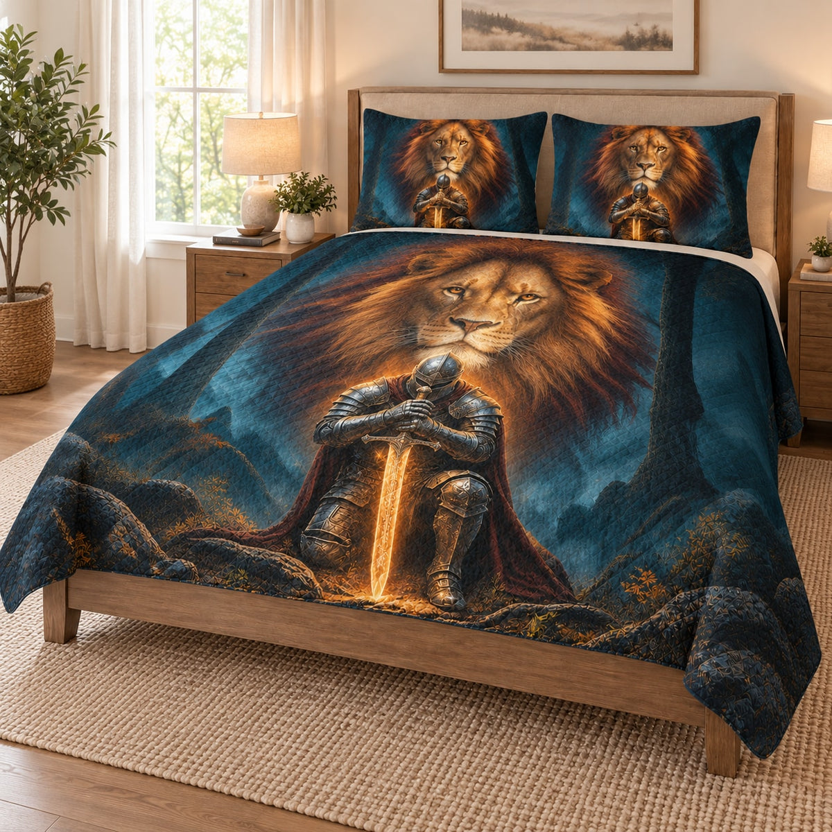 Lion Knight Fantasy Sword Quilt Set on a bed, angled view showing the quilt design and two coordinating pillow shams
