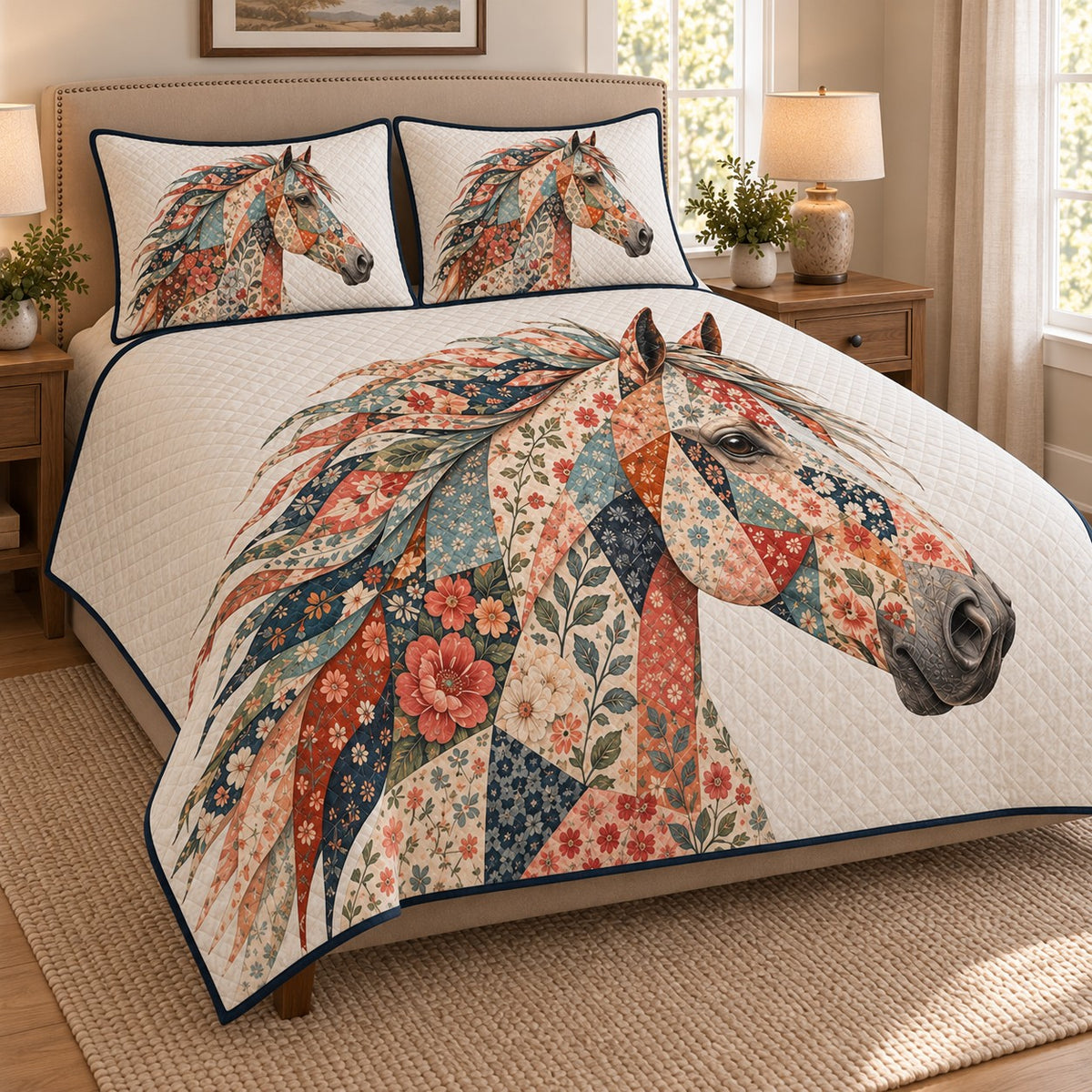 Floral Horse Boho Western Quilt Set: angled bedroom view showing the quilt artwork and coordinating shams