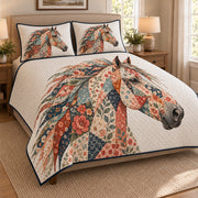 Floral Horse Boho Western Quilt Set: angled bedroom view showing the quilt artwork and coordinating shams