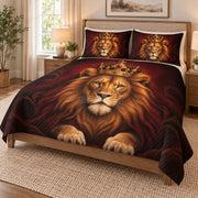 Majestic Lion King Crown Quilt Set on a bed, angled view showing the quilt design and two coordinating pillow shams