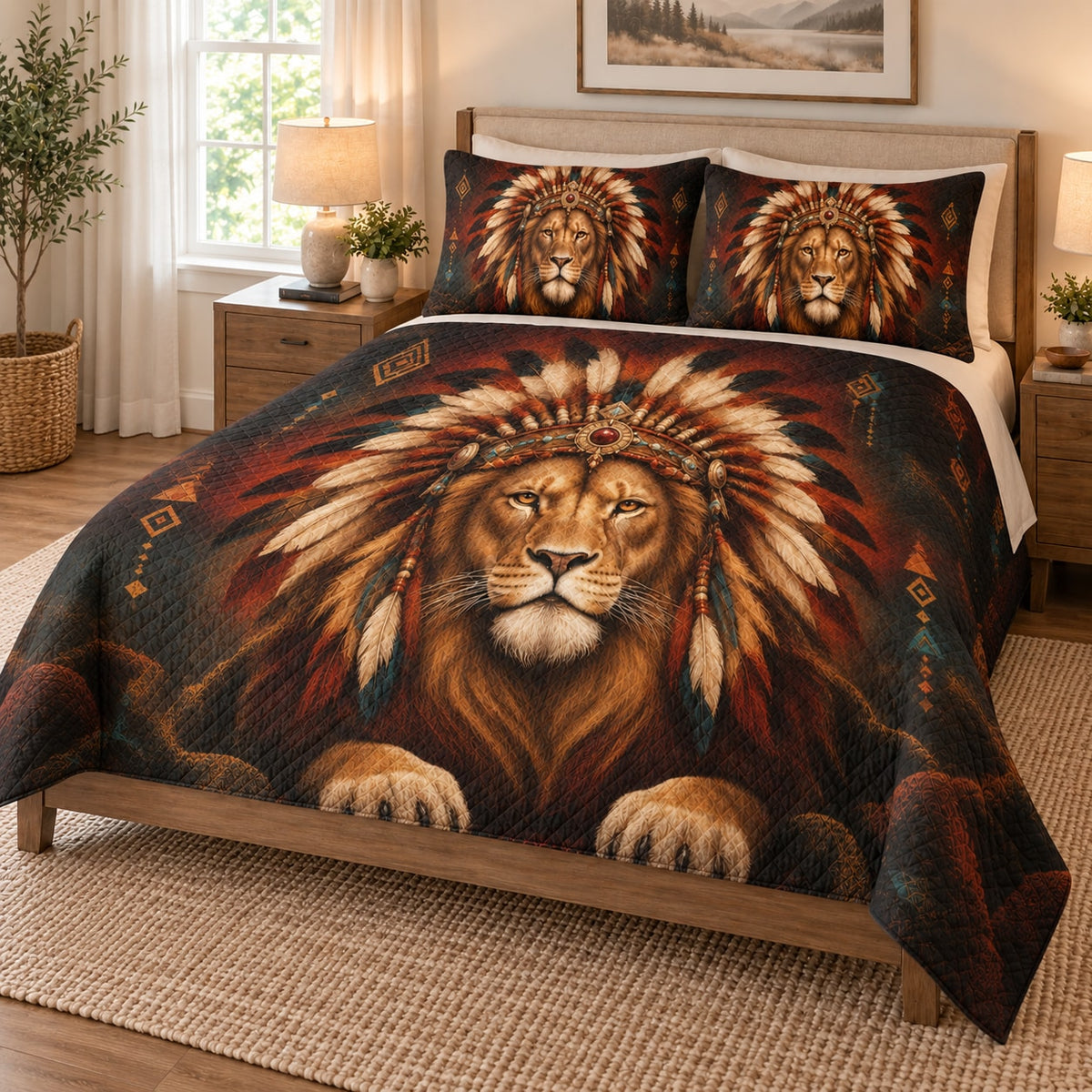 Tribal Lion Feather Headdress Quilt Set on a bed, angled view showing the quilt design and two coordinating pillow shams