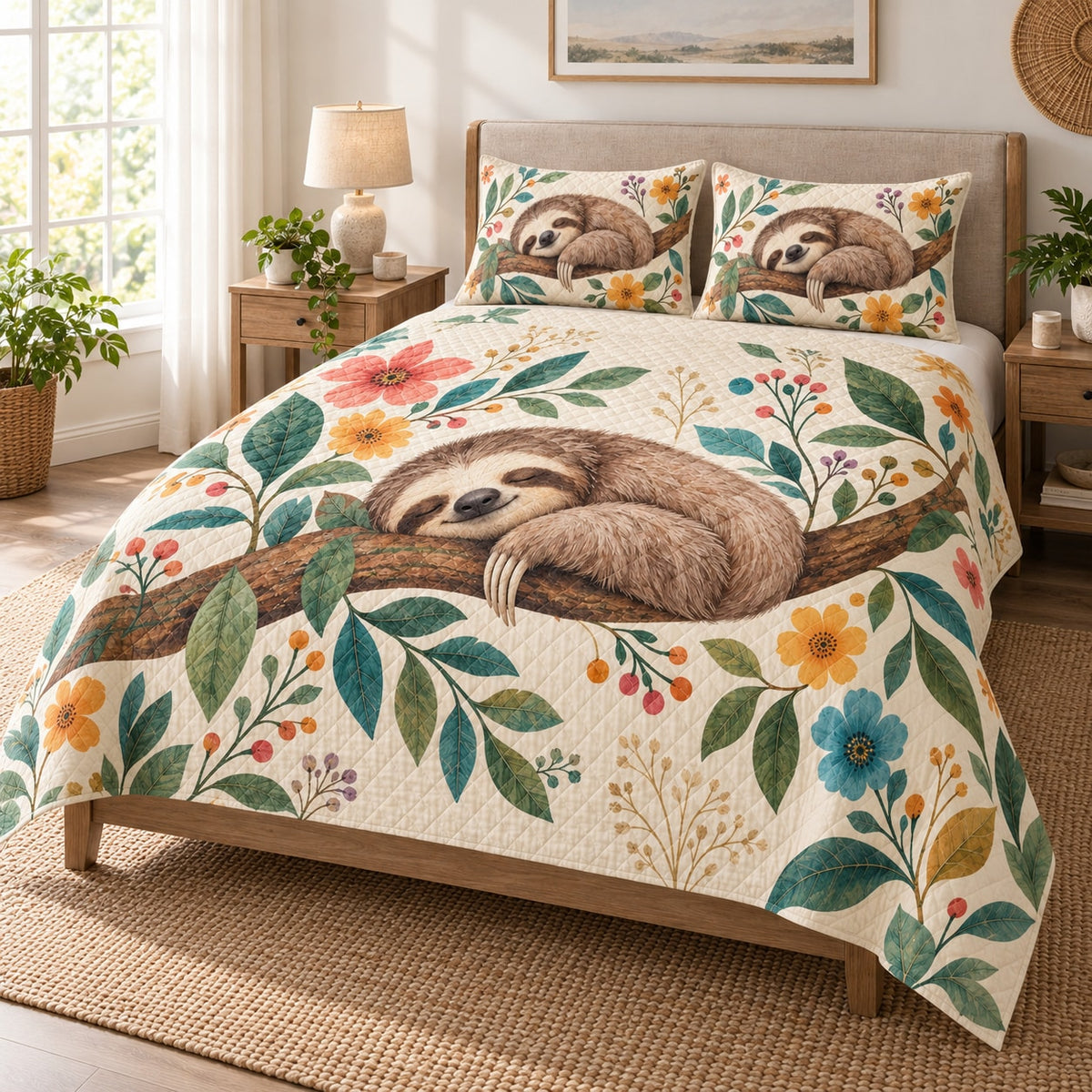 Sleeping Sloth Floral Nature Quilt Set on a bed, angled view showing the quilt design and two coordinating pillow shams