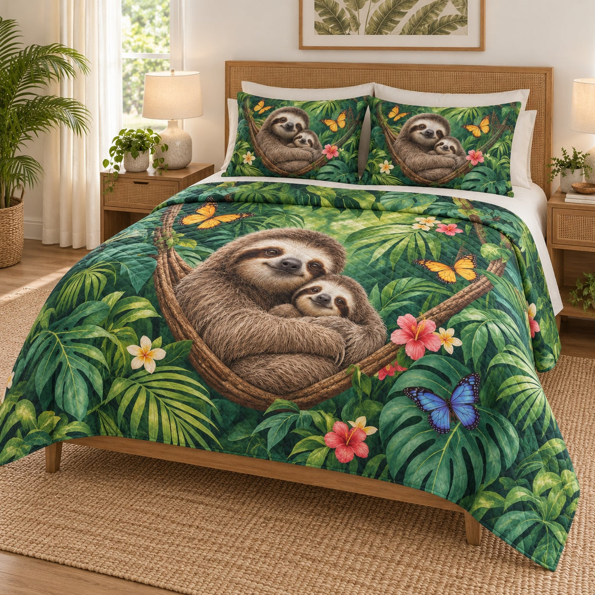 Sloth Family Tropical Jungle Quilt Set on a bed, angled view showing the quilt design and two coordinating pillow shams