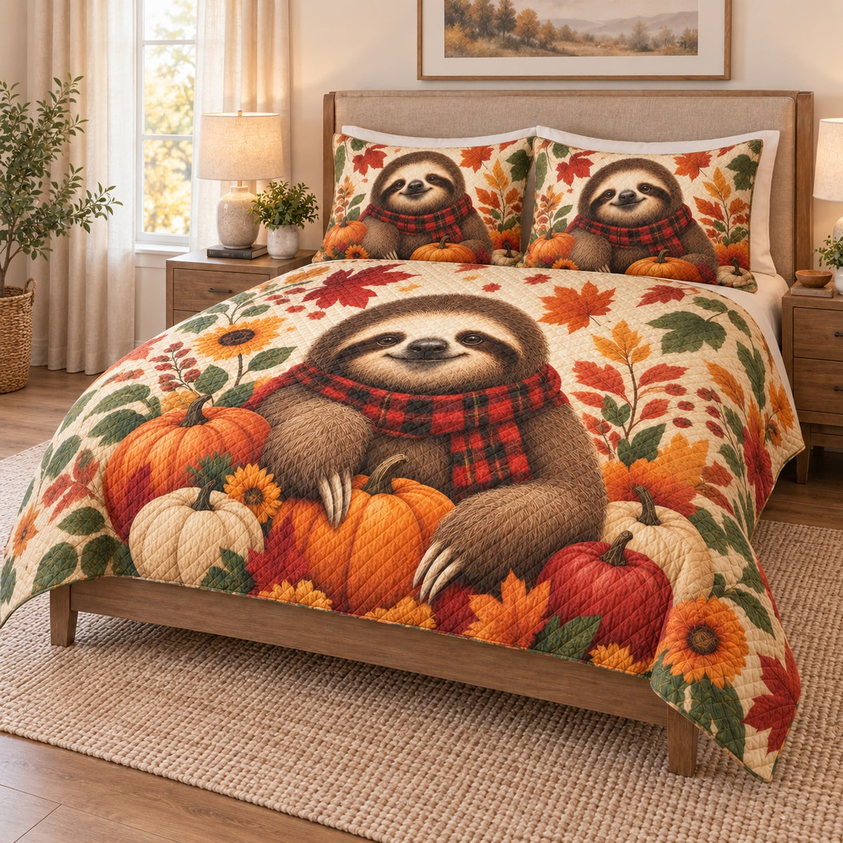 Autumn Sloth Pumpkin Harvest Quilt Set on a bed, angled view showing the quilt design and two coordinating pillow shams