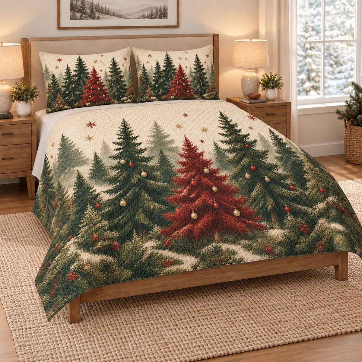 Rustic Christmas Tree Forest Quilt Set on a bed, angled view showing the quilt design and two coordinating pillow shams