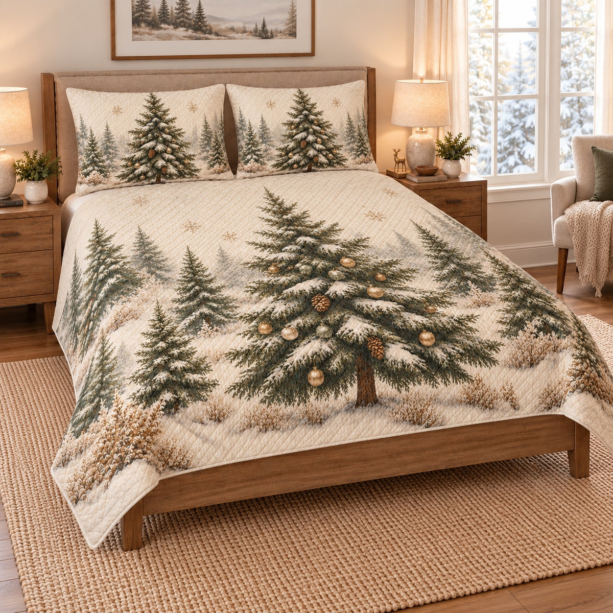 Snowy Christmas Tree Forest Quilt Set on a bed, angled view showing the quilt design and two coordinating pillow shams