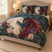 Romantic Horse Rose Floral Quilt Set: angled bedroom view showing the quilt artwork and coordinating shams