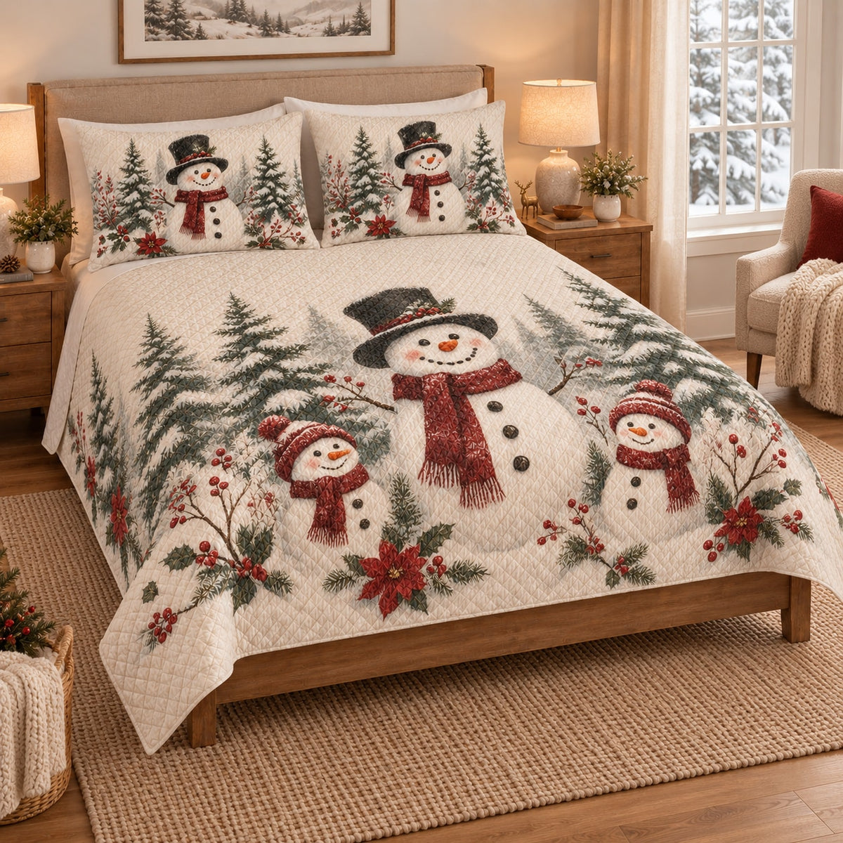 Christmas Snowman Family Forest Quilt Set on a bed, angled view showing the quilt design and two coordinating pillow shams