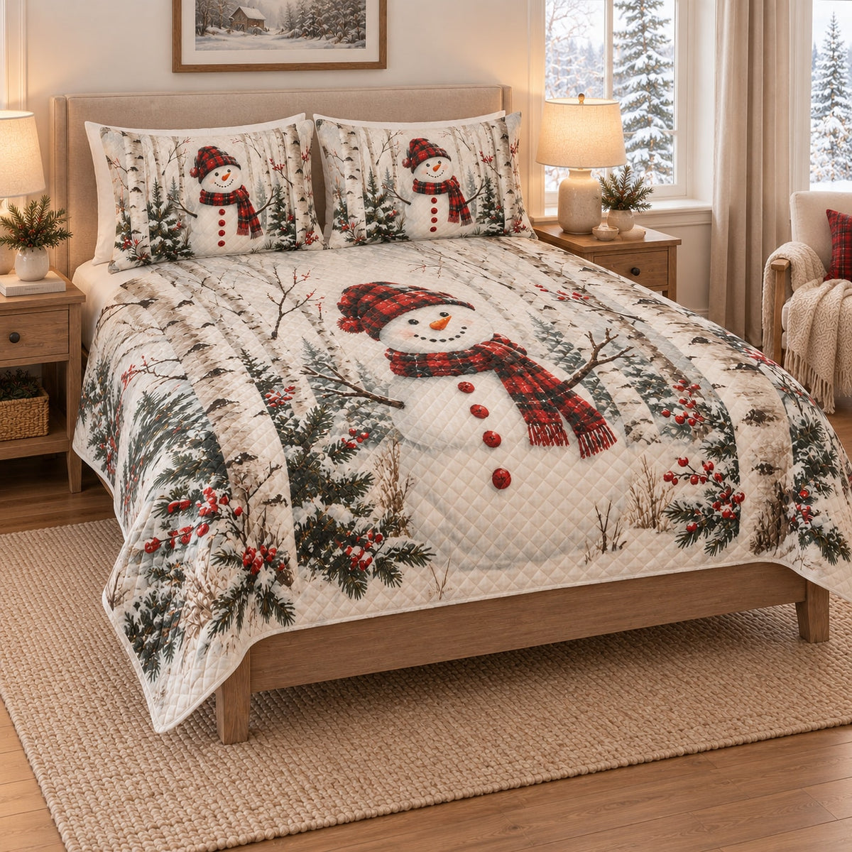 Christmas Snowman Birch Forest Quilt Set on a bed, angled view showing the quilt design and two coordinating pillow shams