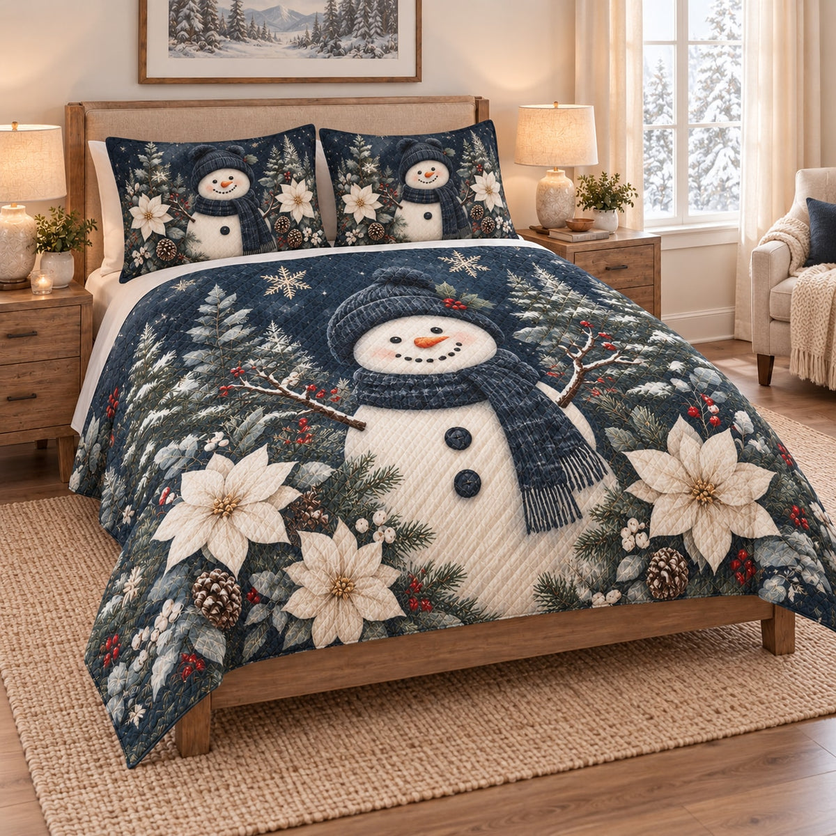 Christmas Snowman Poinsettia Winter Quilt Set on a bed, angled view showing the quilt design and two coordinating pillow shams