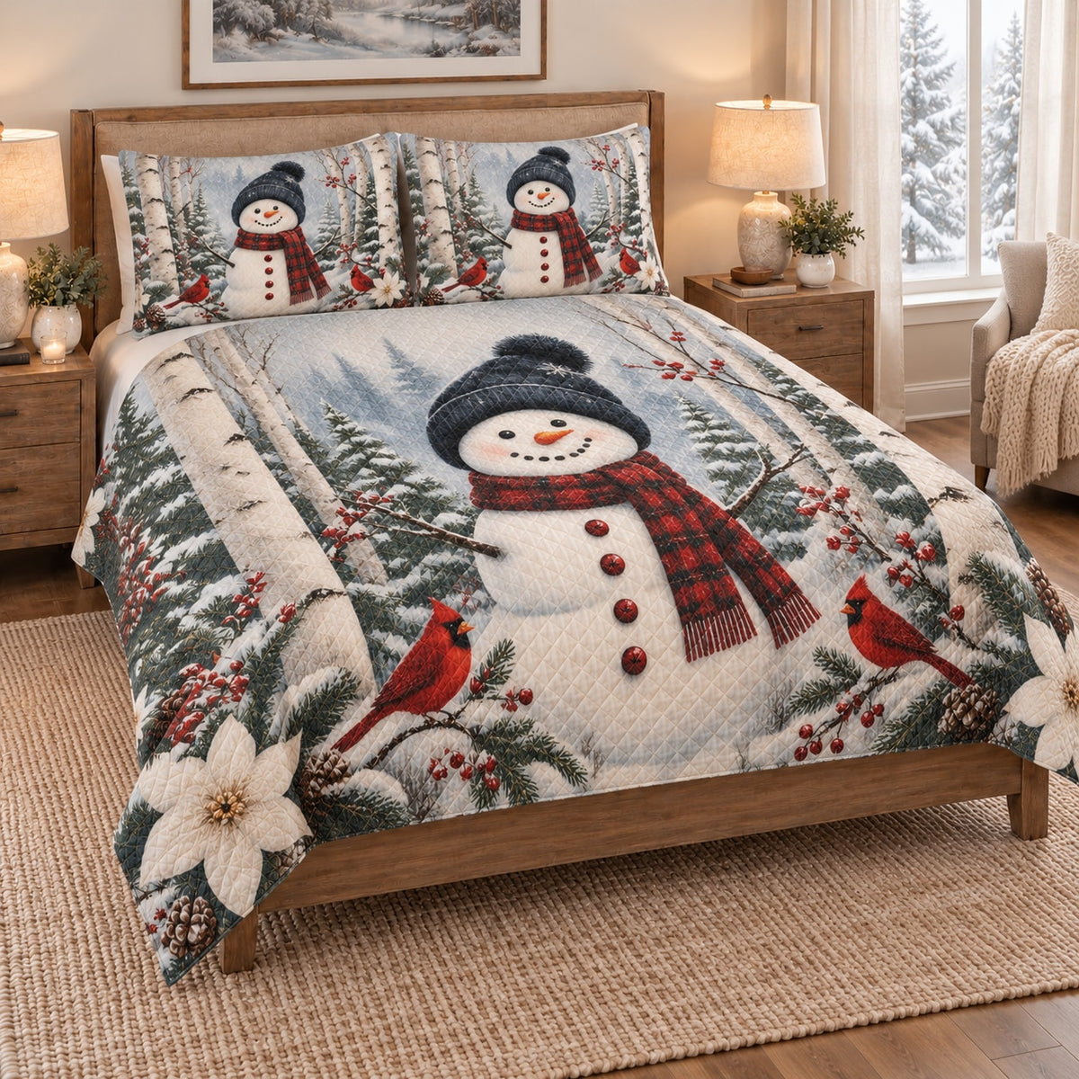 Christmas Snowman Cardinal Forest Quilt Set on a bed, angled view showing the quilt design and two coordinating pillow shams