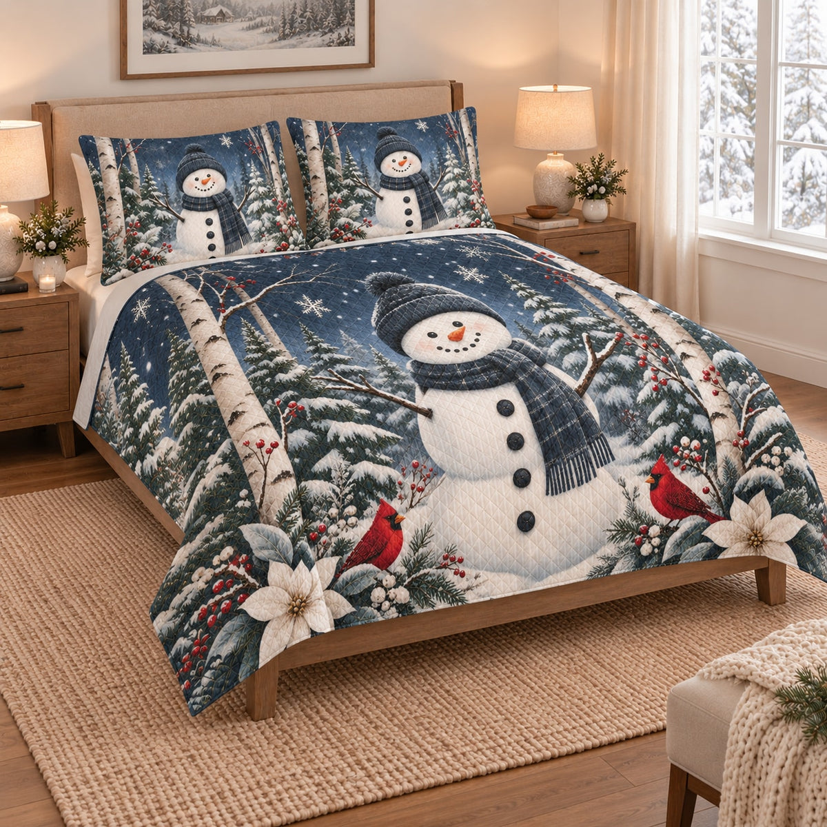 Snowman Cardinal Winter Forest Quilt Set on a bed, angled view showing the quilt design and two coordinating pillow shams