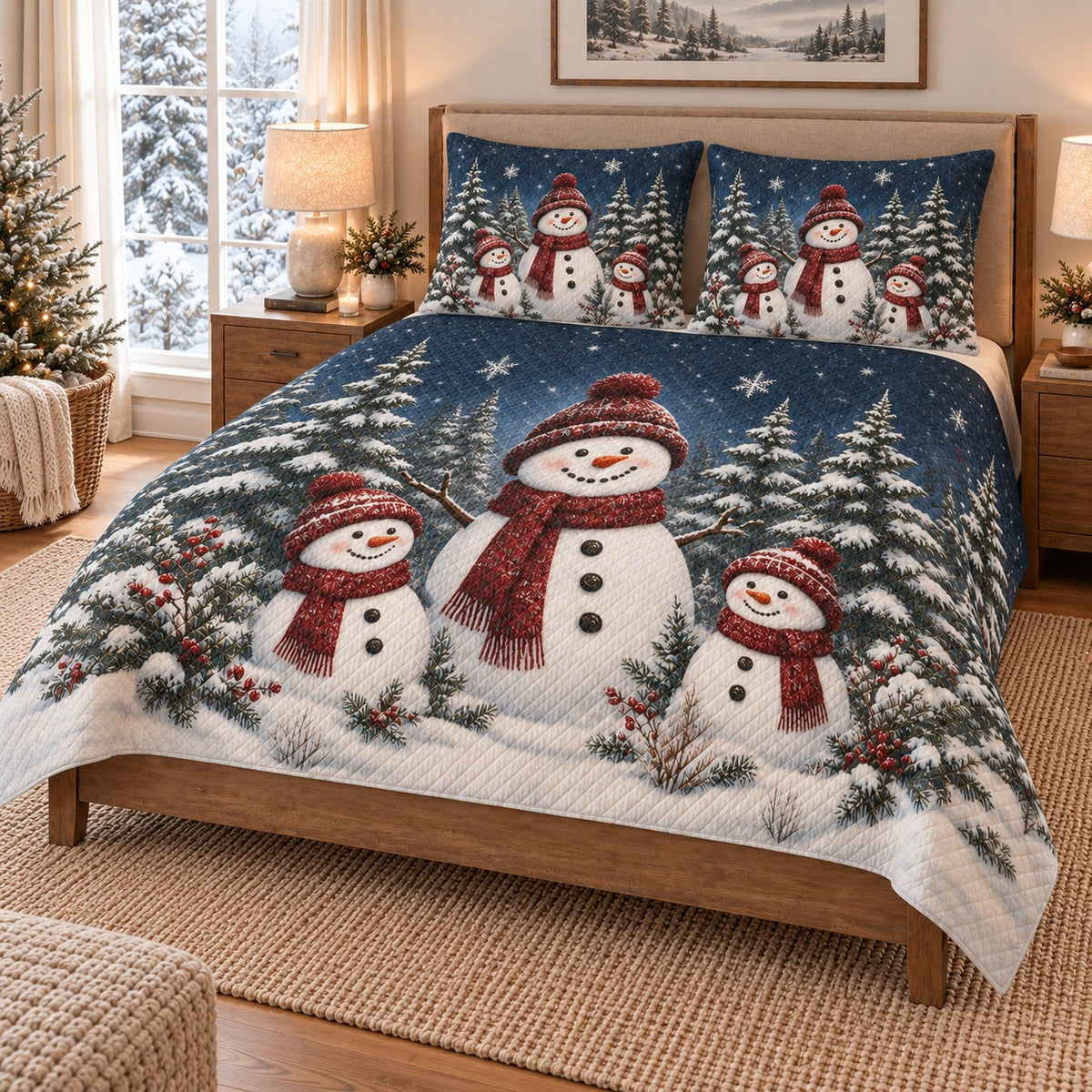 Christmas Snowman Family Winter Quilt Set on a bed, angled view showing the quilt design and two coordinating pillow shams
