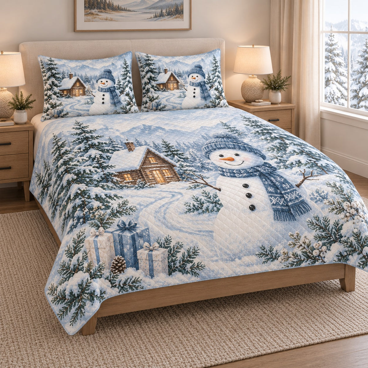 Snowman Cabin Winter Christmas Quilt Set on a bed, angled view showing the quilt design and two coordinating pillow shams