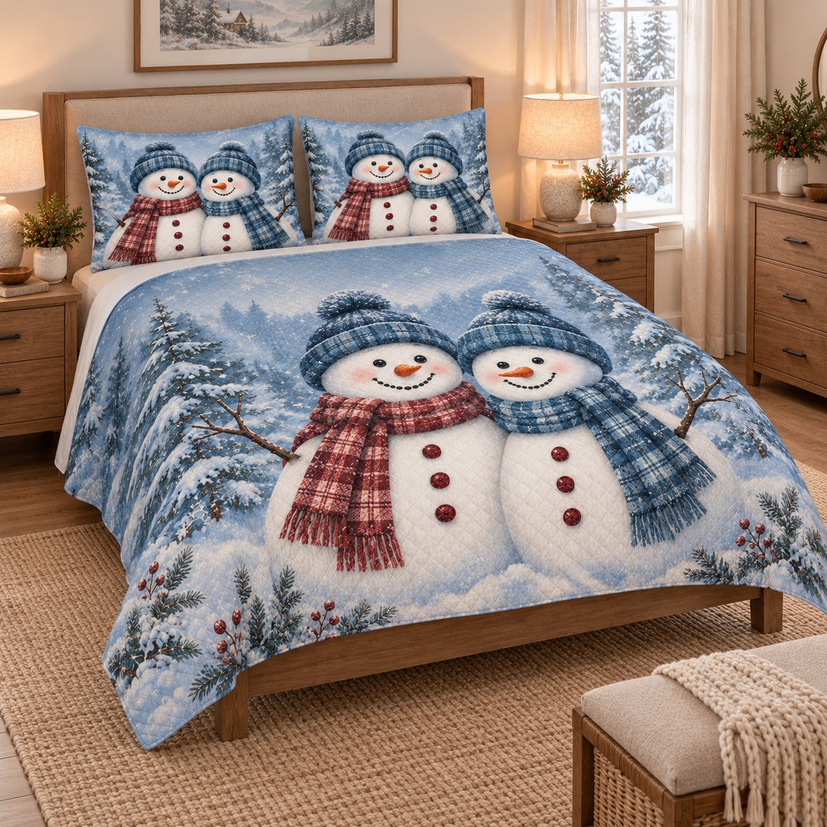 Christmas Snowman Couple Winter Quilt Set on a bed, angled view showing the quilt design and two coordinating pillow shams
