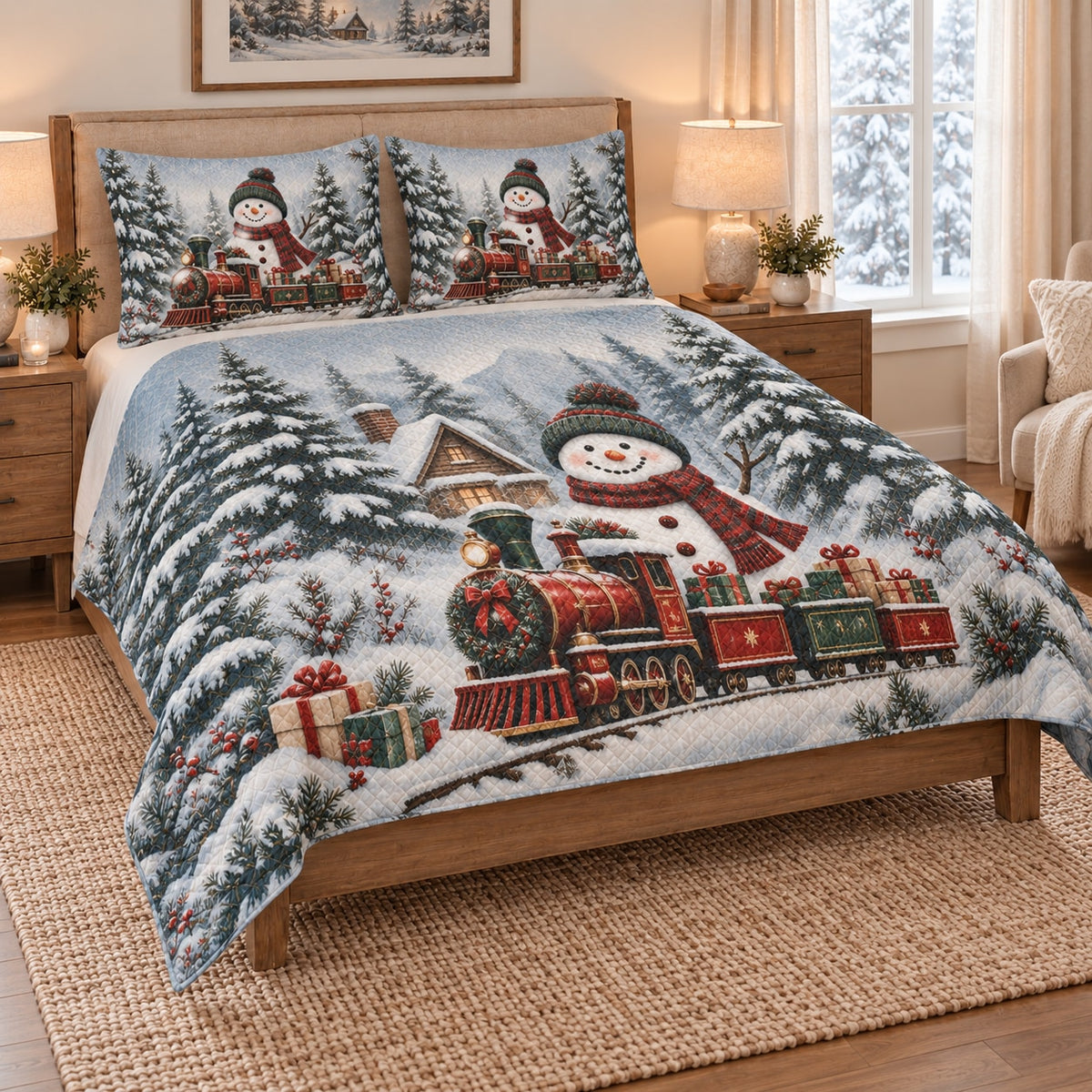Christmas Snowman Train Winter Quilt Set on a bed, angled view showing the quilt design and two coordinating pillow shams