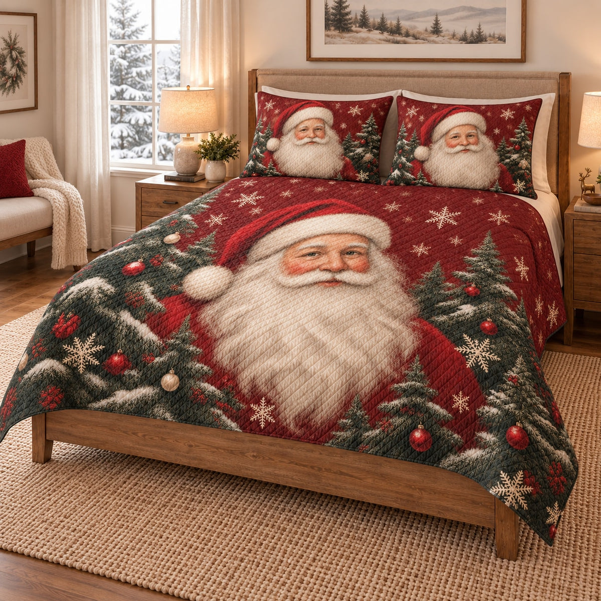 Santa Claus Christmas Tree Quilt Set on a bed, angled view showing the quilt design and two coordinating pillow shams
