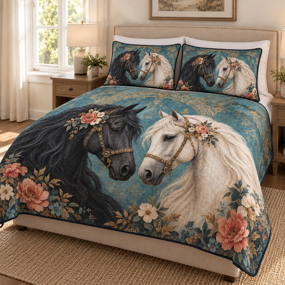 Black & White Horse Floral Quilt Set: angled bedroom view showing the quilt artwork and coordinating shams