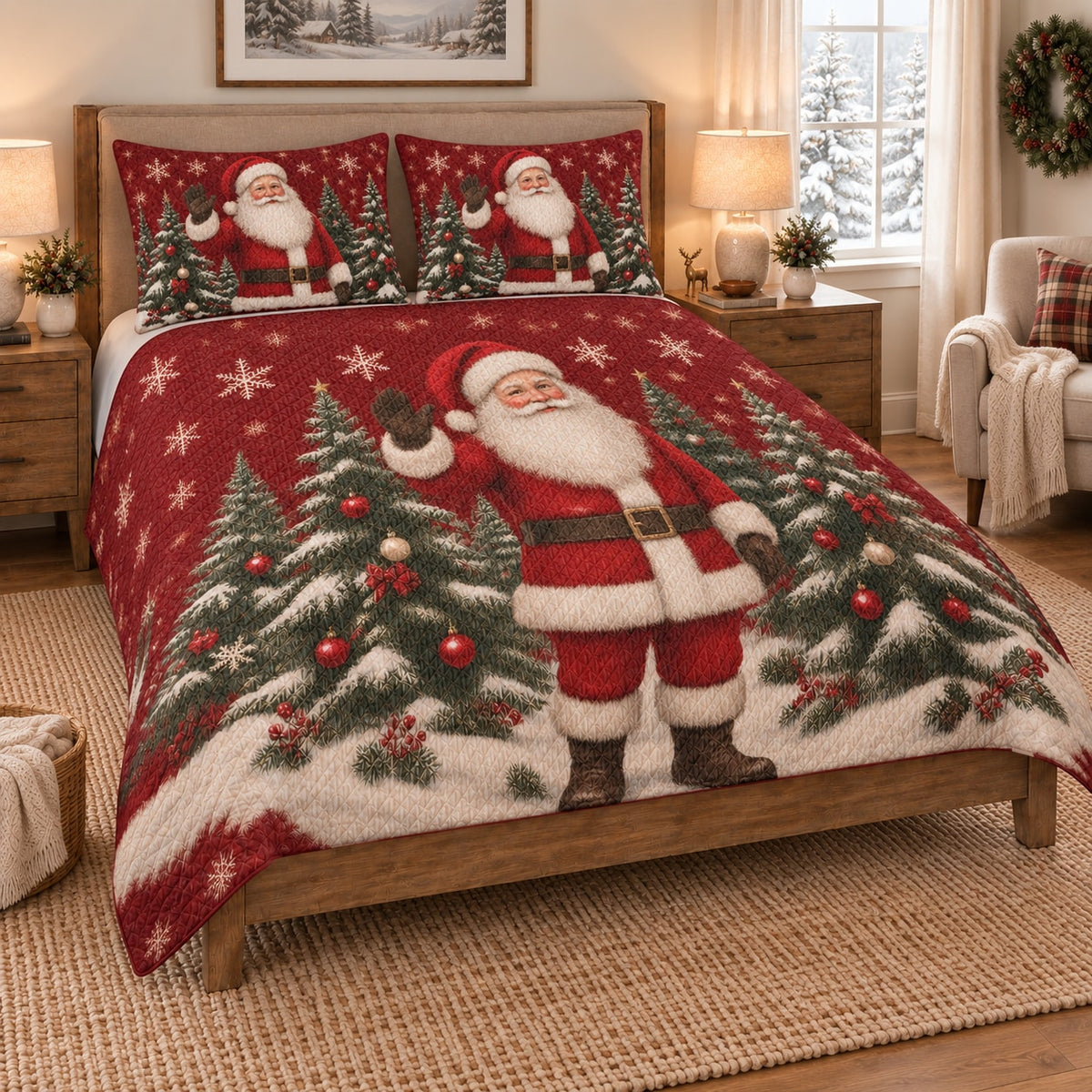 Santa Claus Christmas Tree Quilt Set on a bed, angled view showing the quilt design and two coordinating pillow shams