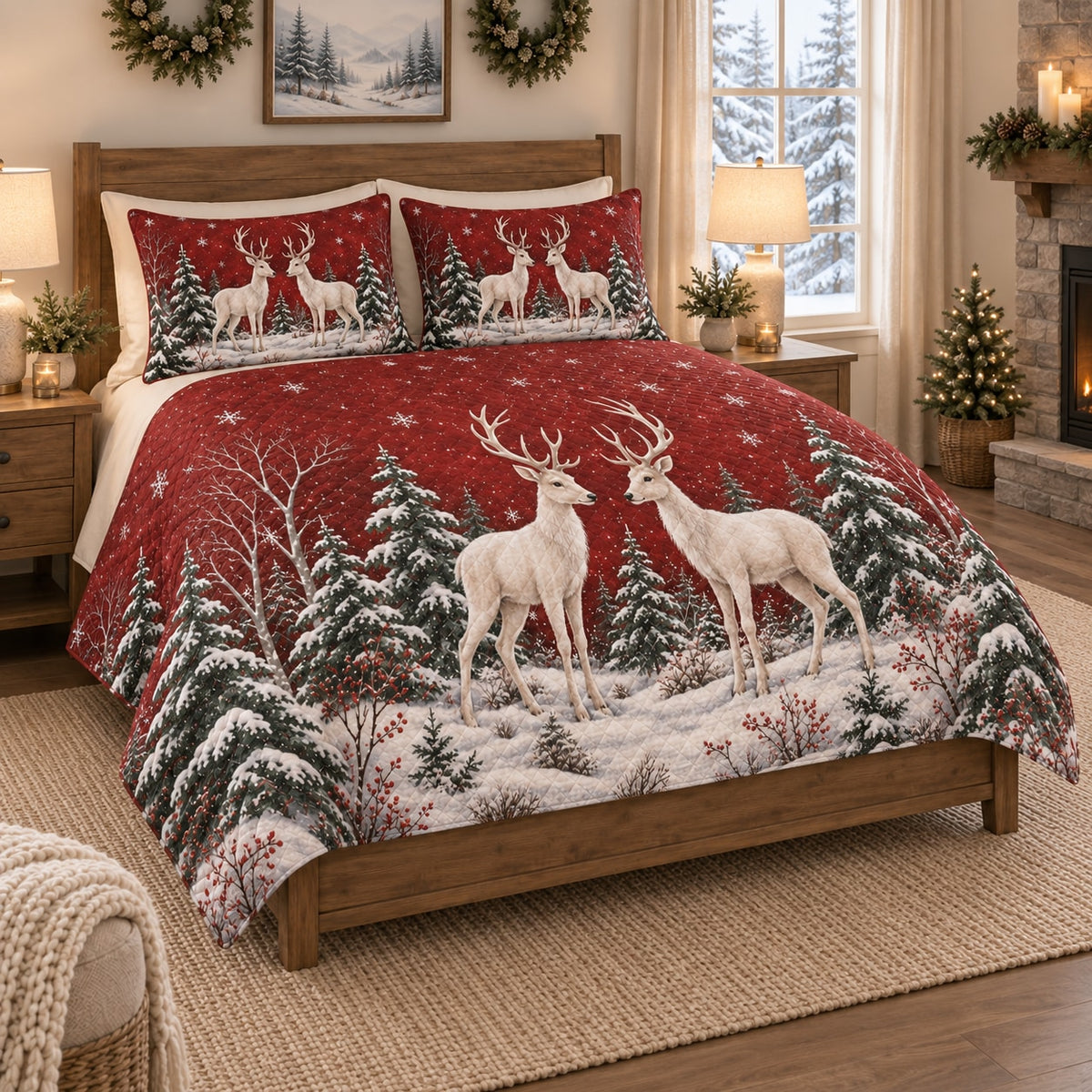 Christmas White Reindeer Forest Quilt Set on a bed, angled view showing the quilt design and two coordinating pillow shams