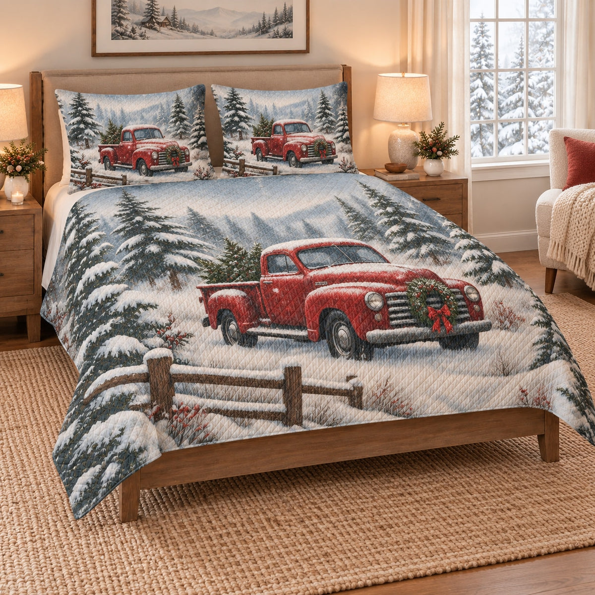 Christmas Red Truck Snowy Forest Quilt Set on a bed, angled view showing the quilt design and two coordinating pillow shams