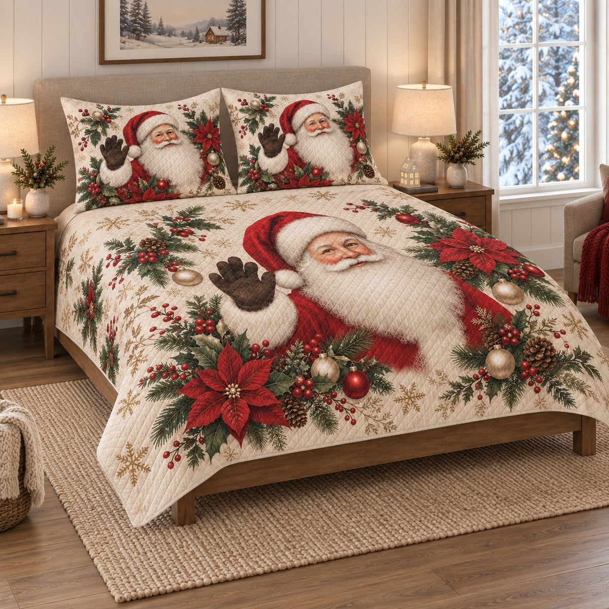 Santa Claus Poinsettia Christmas Quilt Set on a bed, angled view showing the quilt design and two coordinating pillow shams