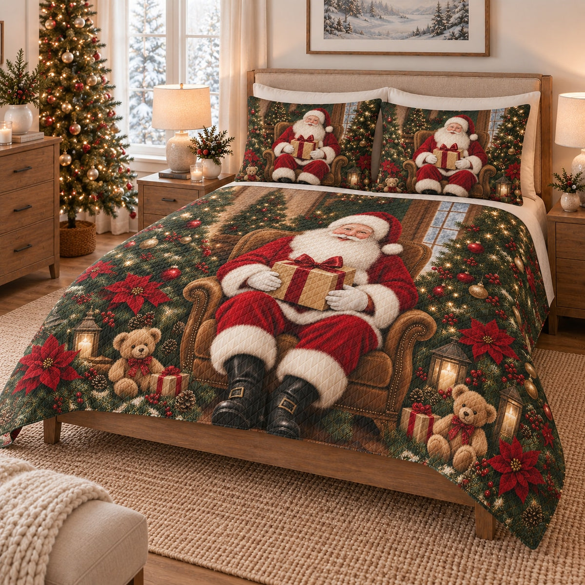 Santa Claus Christmas Quilt Set on a bed, angled view showing the quilt design and two coordinating pillow shams