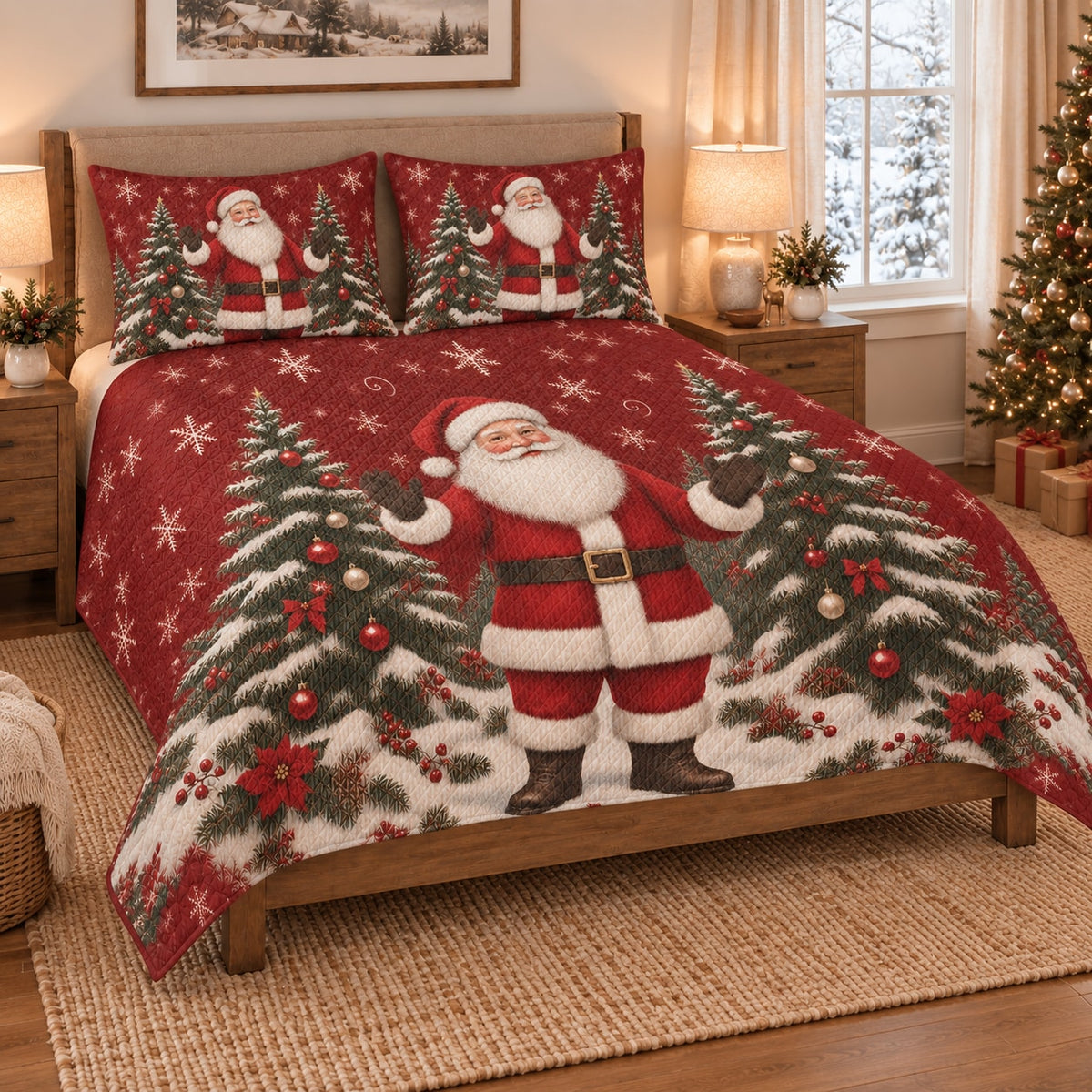 Santa Claus Snowy Christmas Quilt Set on a bed, angled view showing the quilt design and two coordinating pillow shams